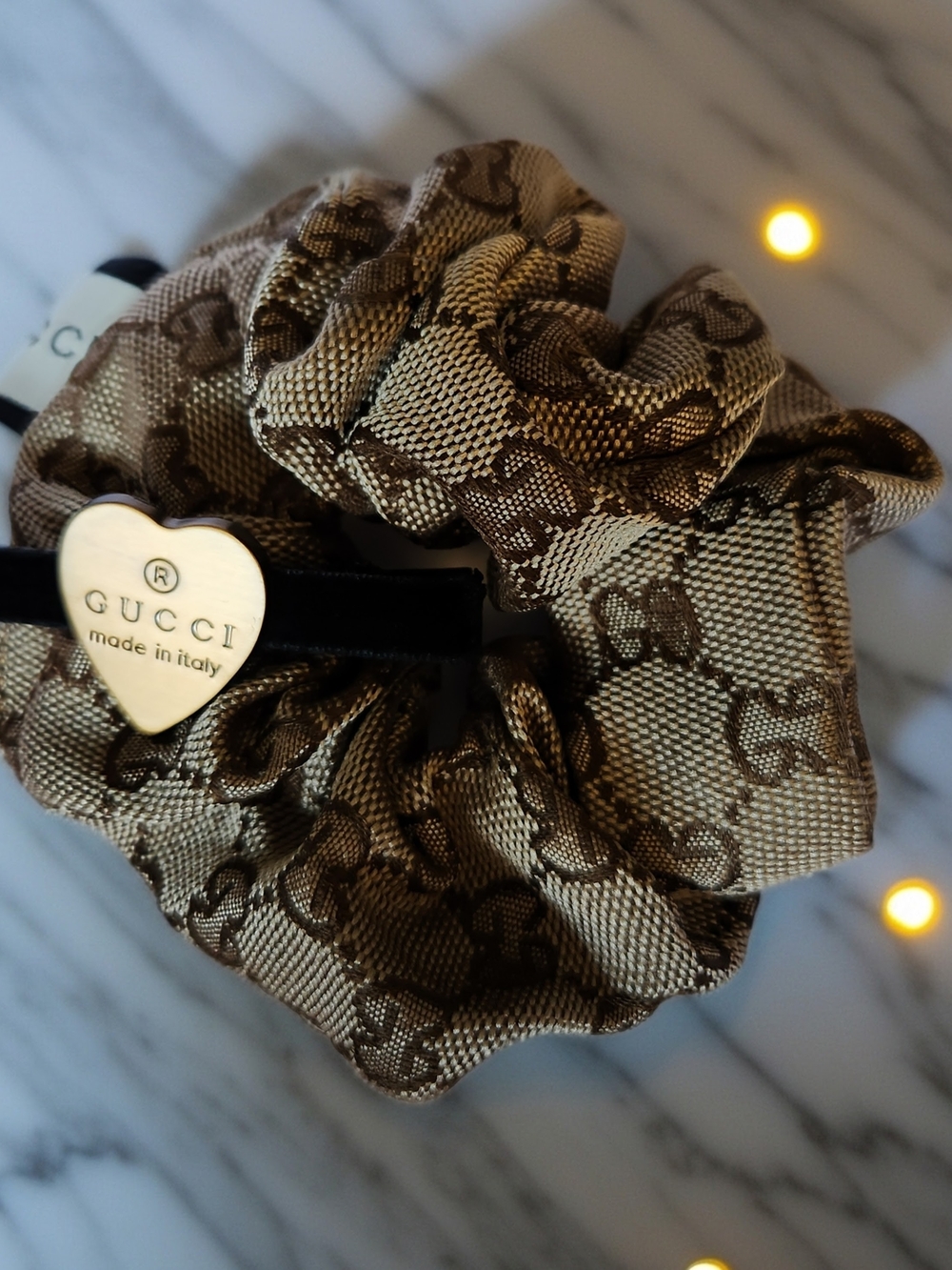 Gucci Brown GG Logo Satin Scrunchie with Gucci Gold Heart Clip